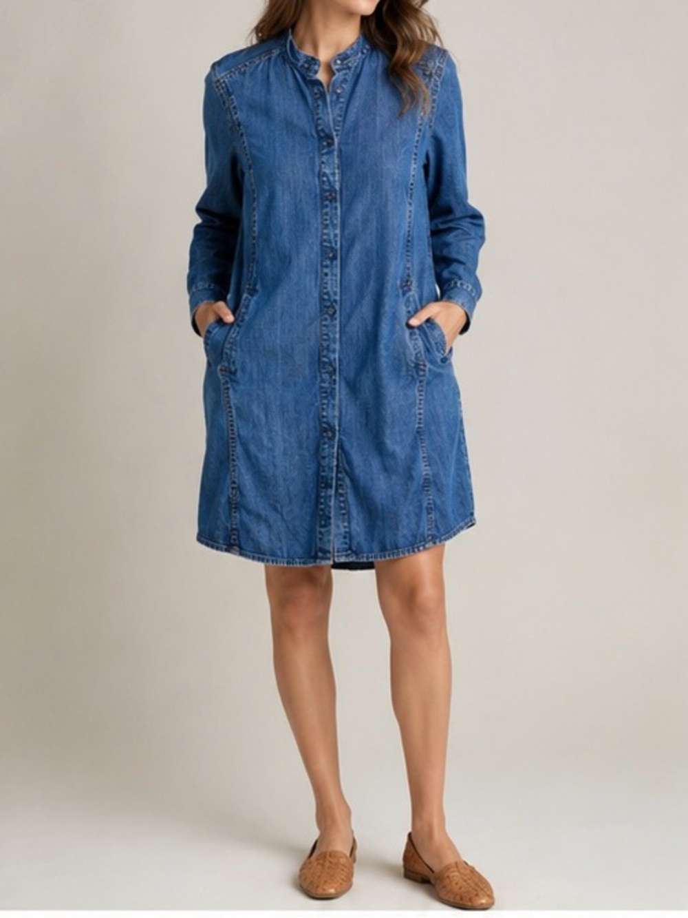 Eileen Fisher Blue Chambray Denim Long Sleeve Button Down Midi Dress Size Small